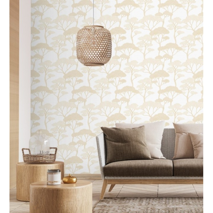 Papel pintado árboles zen dorados minimalista fondo blanco - Shimane Bonsai 684585