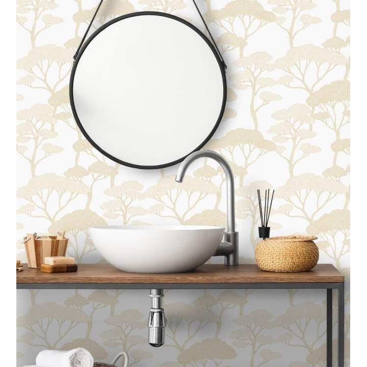 Papel pintado árboles zen dorados minimalista fondo blanco - Shimane Bonsai 684585