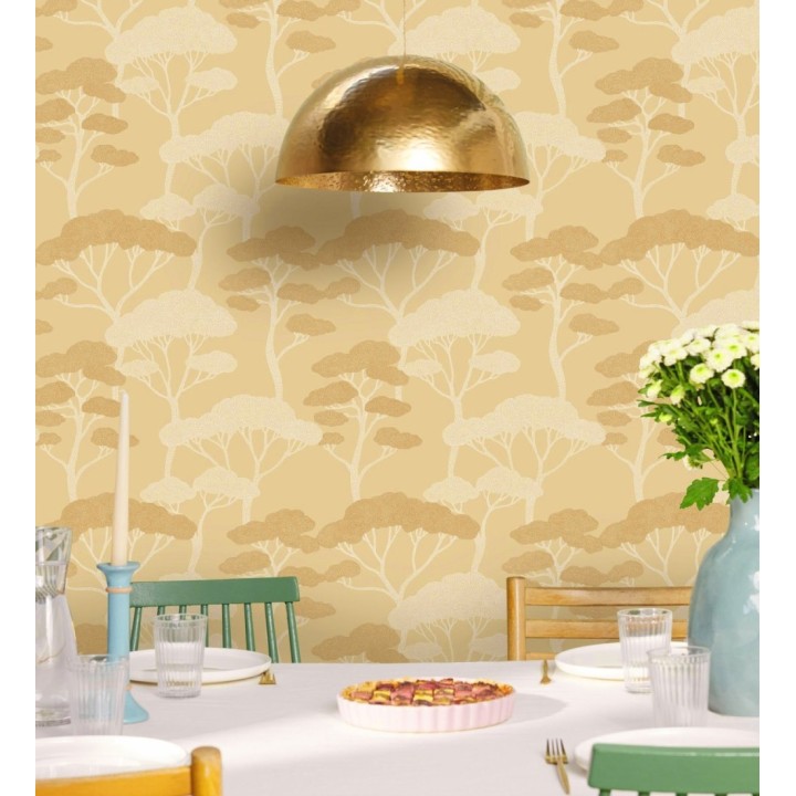 Papel pintado árboles zen minimalista tonos ocre y blanco - Shimane Bonsai 684586