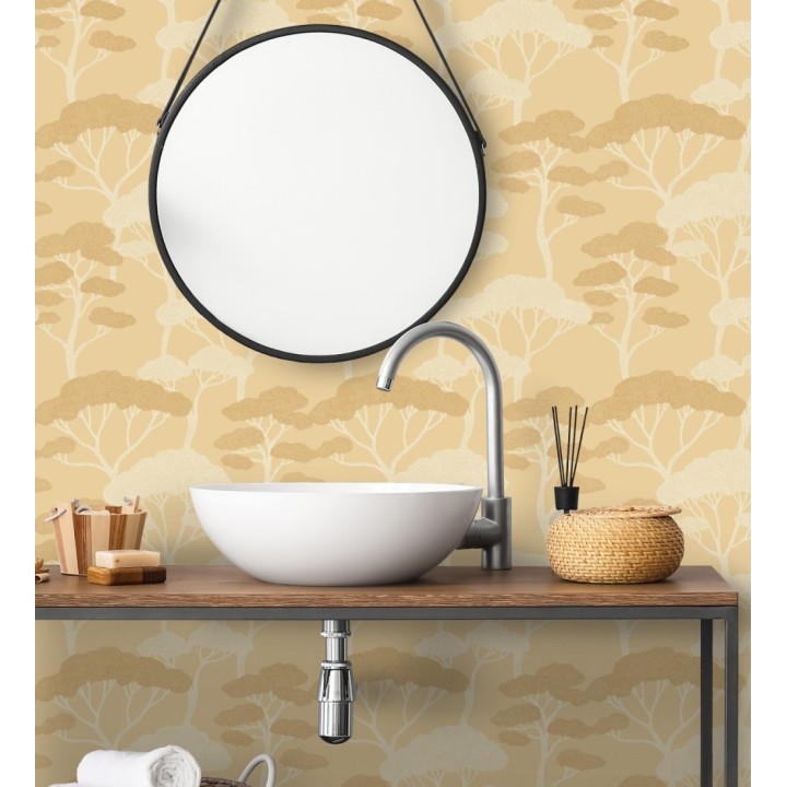 Papel pintado árboles zen minimalista tonos ocre y blanco - Shimane Bonsai 684586