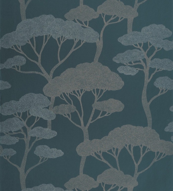 Papel pintado árboles zen dorados minimalista fondo azul noche - Shimane Bonsai 684587