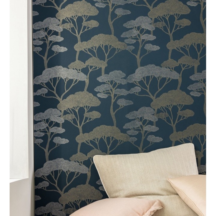 Papel pintado árboles zen dorados minimalista fondo azul noche - Shimane Bonsai 684587