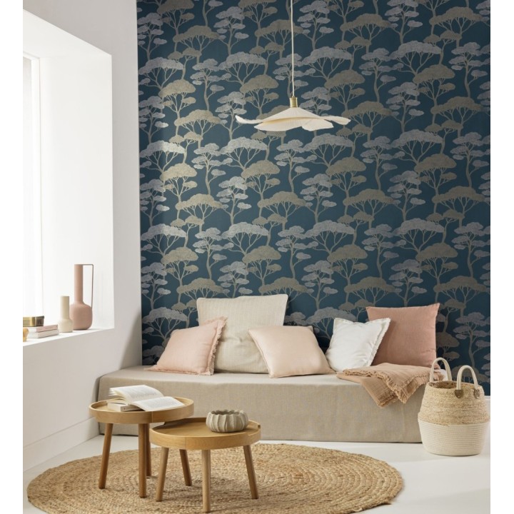 Papel pintado árboles zen dorados minimalista fondo azul noche - Shimane Bonsai 684587