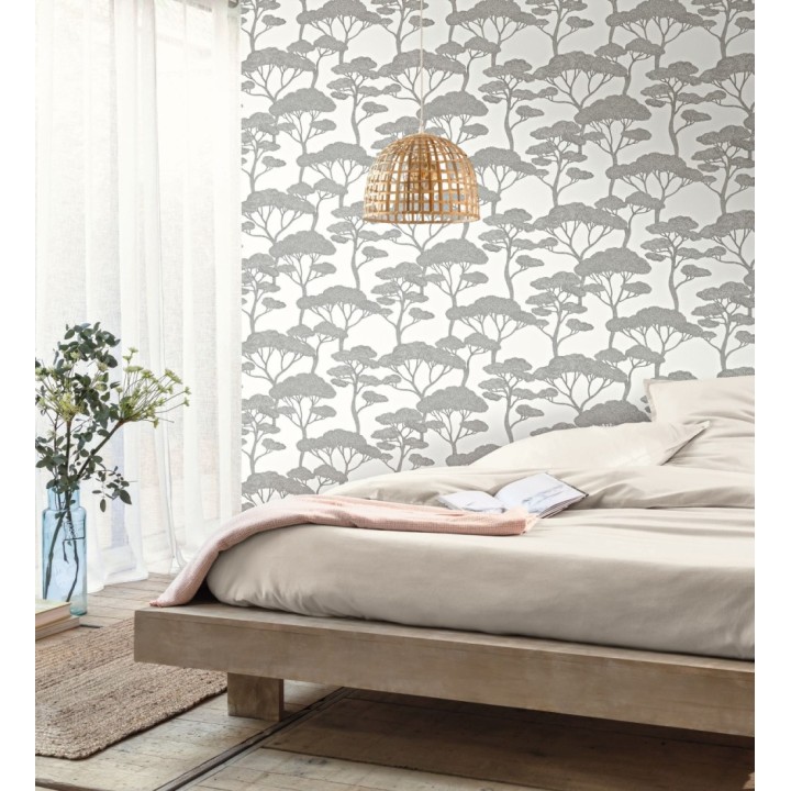 Papel pintado árboles zen negros minimalista fondo blanco - Shimane Bonsai 684588