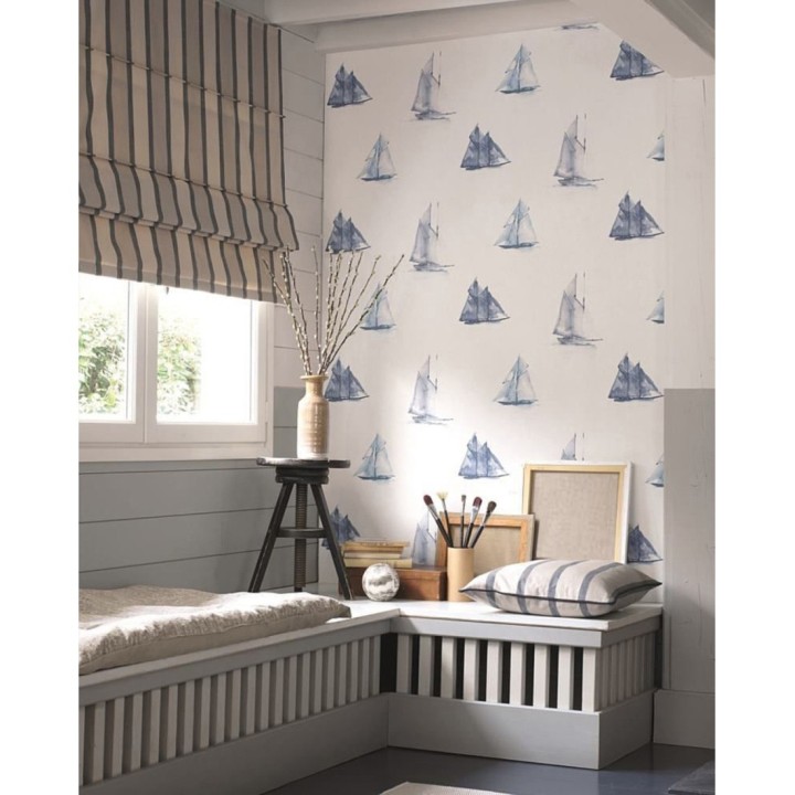 Papel pintado barcos de acuarela estilo náutico azul - Bristol Boats 126564