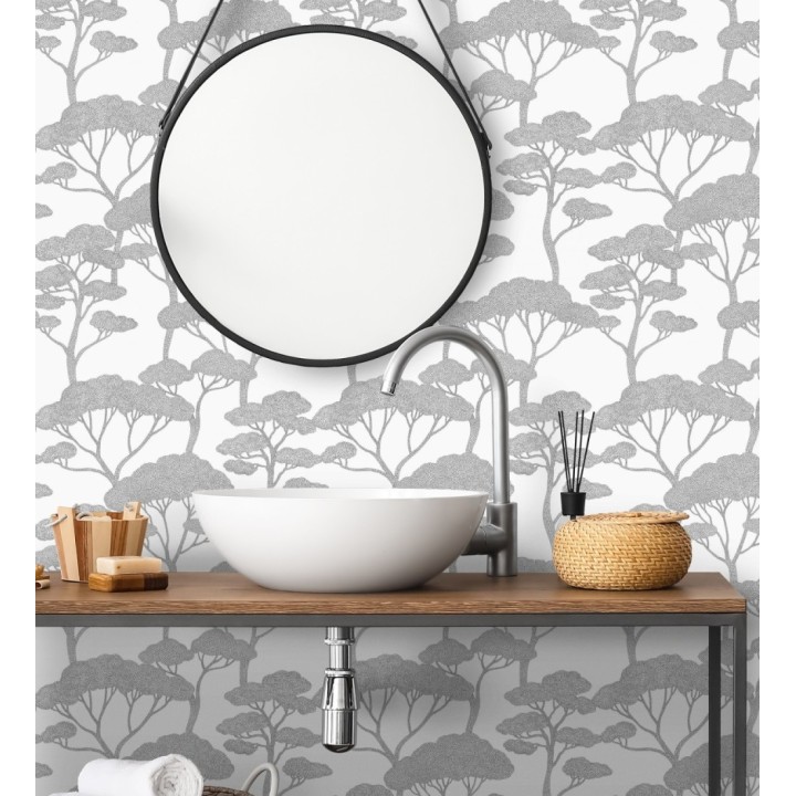 Papel pintado árboles zen negros minimalista fondo blanco - Shimane Bonsai 684588