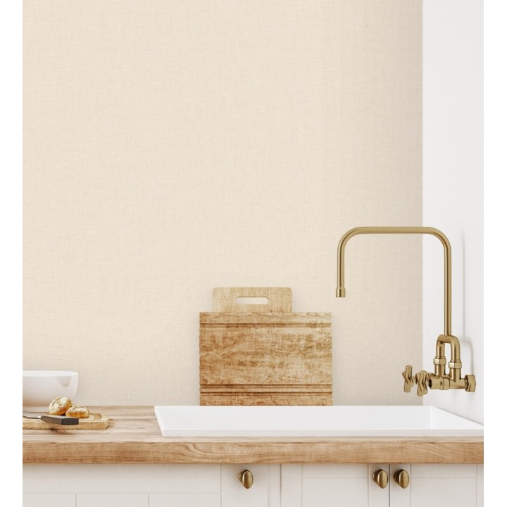 Papel pintado liso tejido de lino trama fina color crema - Batty Plain 684589