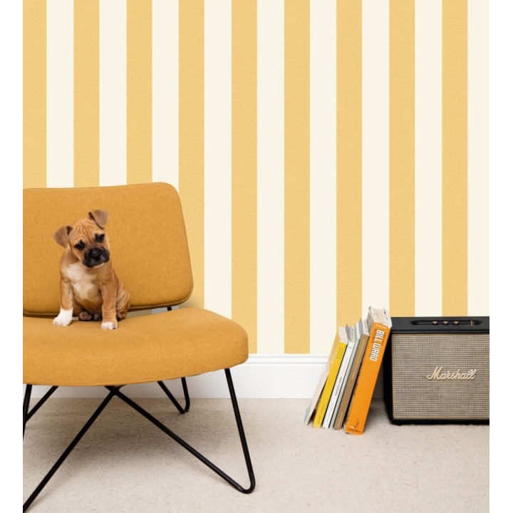 Papel pintado de rayas color marrón mostaza y blanco imitando al tejido de lino - Garbo Stripes 684592