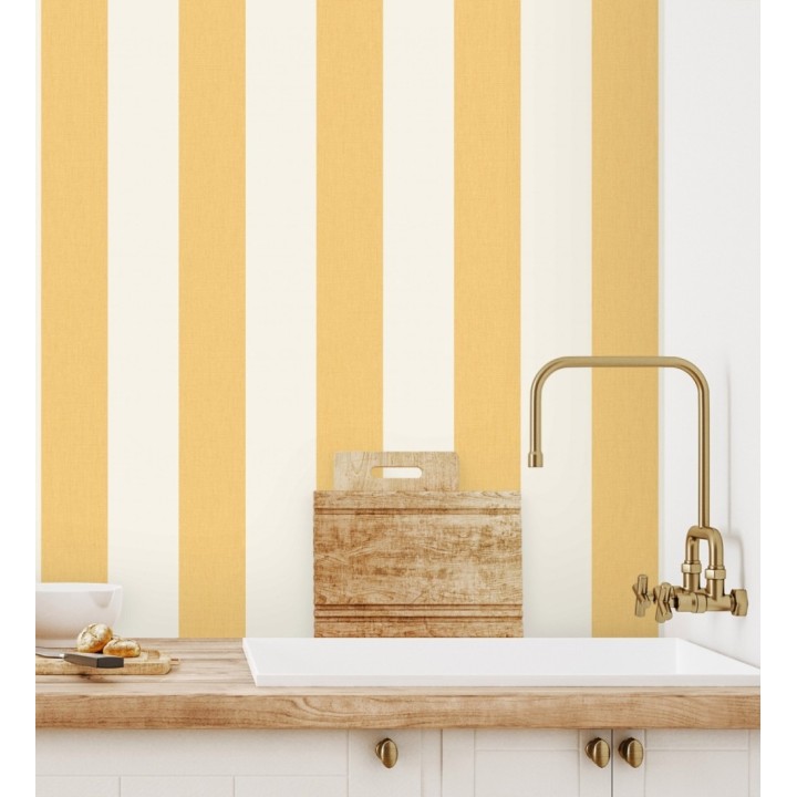 Papel pintado de rayas color marrón mostaza y blanco imitando al tejido de lino - Garbo Stripes 684592