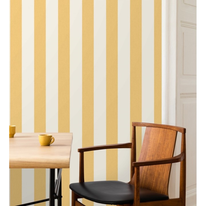 Papel pintado de rayas color marrón mostaza y blanco imitando al tejido de lino - Garbo Stripes 684592