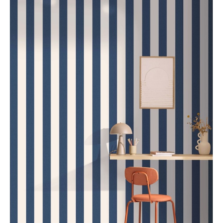 Papel pintado de rayas color azul y blanco imitando al tejido de lino - Garbo Stripes 684593