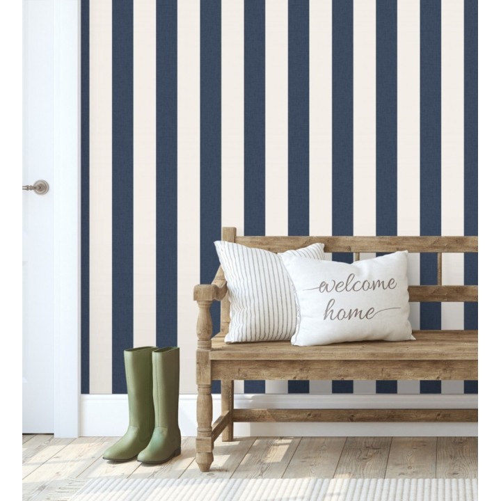 Papel pintado de rayas color azul y blanco imitando al tejido de lino - Garbo Stripes 684593