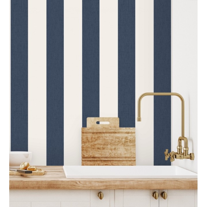 Papel pintado de rayas color azul y blanco imitando al tejido de lino - Garbo Stripes 684593