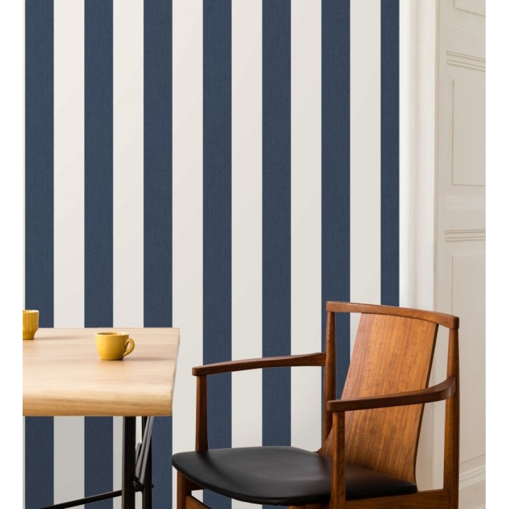 Papel pintado de rayas color azul y blanco imitando al tejido de lino - Garbo Stripes 684593