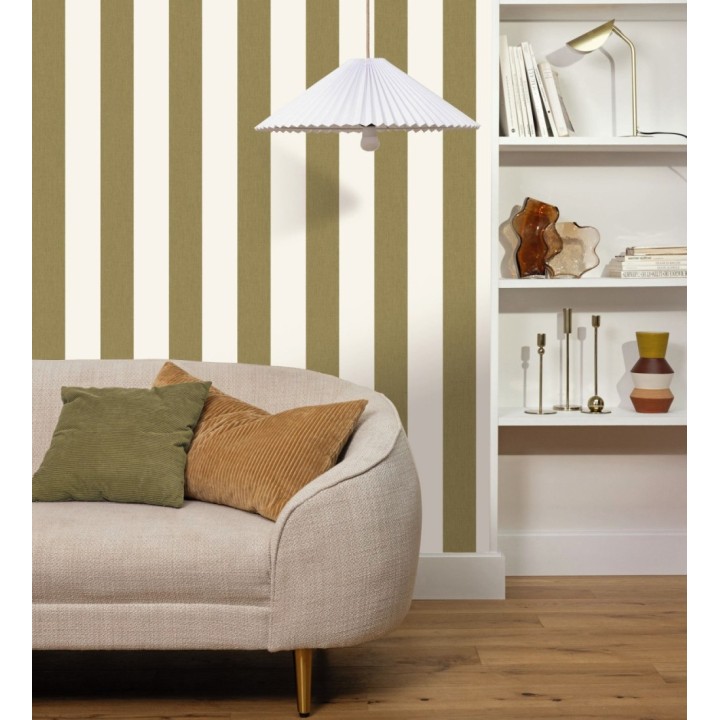 Papel pintado de rayas color verde militar y blanco imitando al tejido de lino - Garbo Stripes 684594