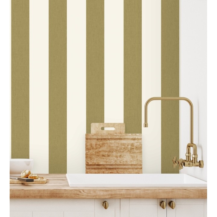 Papel pintado de rayas color verde militar y blanco imitando al tejido de lino - Garbo Stripes 684594