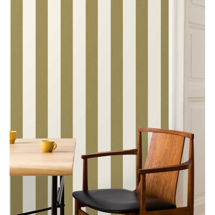 Papel pintado de rayas color verde militar y blanco imitando al tejido de lino - Garbo Stripes 684594
