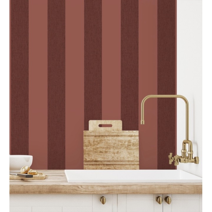 Papel pintado de rayas color burdeos y rojo imitando al tejido de lino - Garbo Stripes 684595