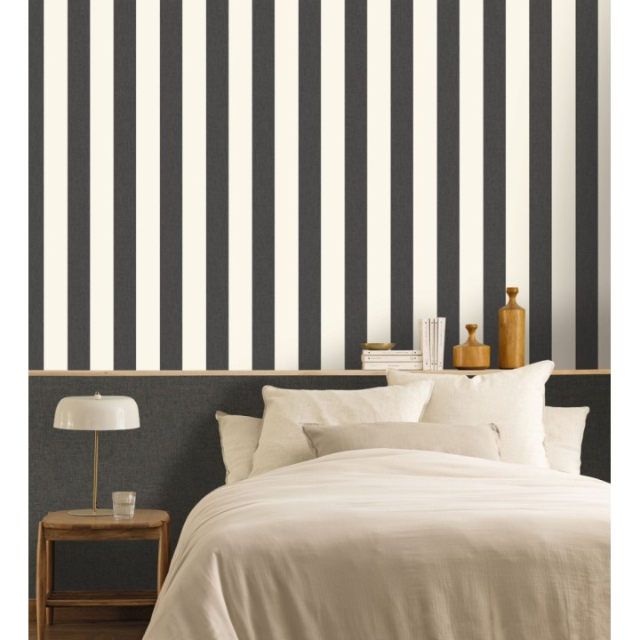 Papel pintado de rayas color gris carbón y blanco imitando al tejido de lino - Garbo Stripes 684596