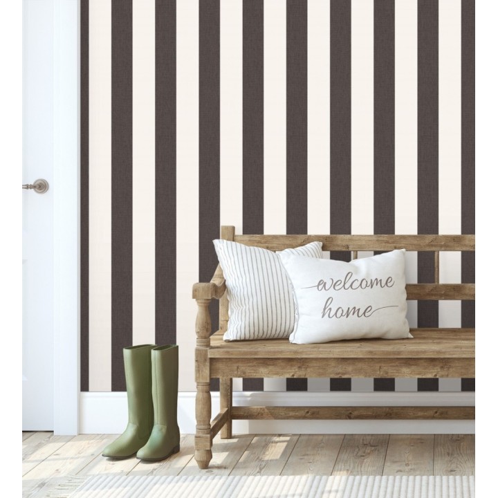 Papel pintado de rayas color gris carbón y blanco imitando al tejido de lino - Garbo Stripes 684596