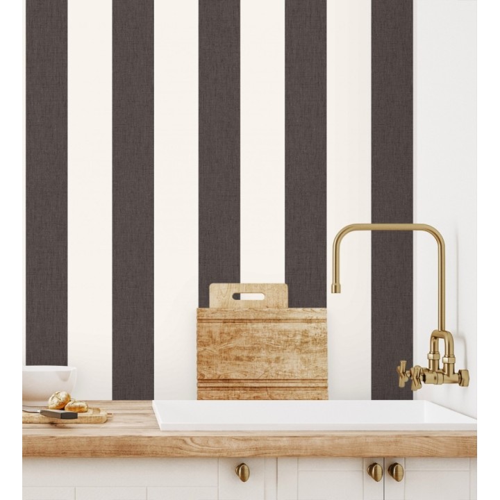 Papel pintado de rayas color gris carbón y blanco imitando al tejido de lino - Garbo Stripes 684596
