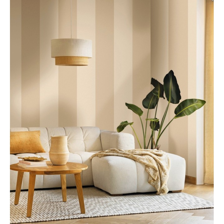 Papel pintado de rayas anchas con textura textil en tonos almendra - Limerick Lofted 684597