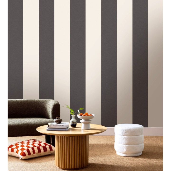 Papel pintado de rayas anchas con textura textil en tonos negro y blanco - Limerick Lofted 684600