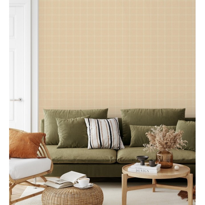 Papel pintado cuadros beige textura lino sutil - Wellington Grid 684612