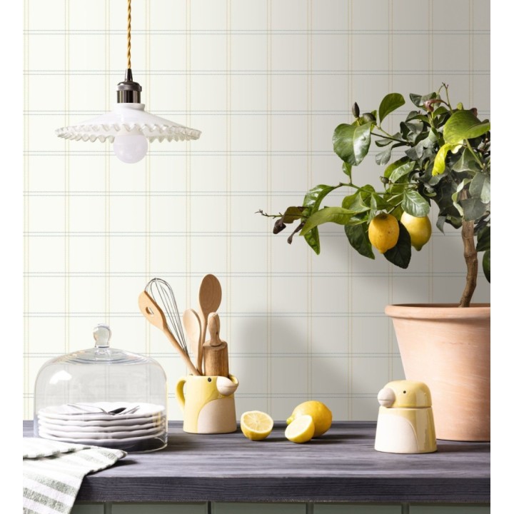 Papel pintado cuadros azul y ocre textura lino sutil fondo blanco roto - Wellington Grid 684613