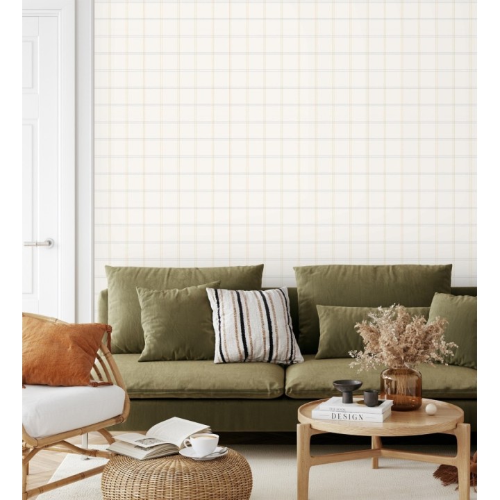 Papel pintado cuadros azul y ocre textura lino sutil fondo blanco roto - Wellington Grid 684613