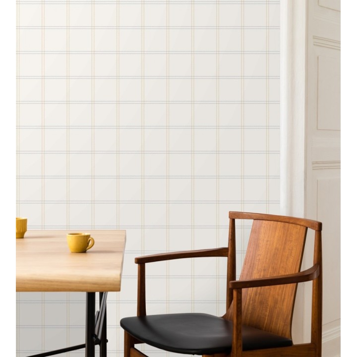 Papel pintado cuadros azul y ocre textura lino sutil fondo blanco roto - Wellington Grid 684613