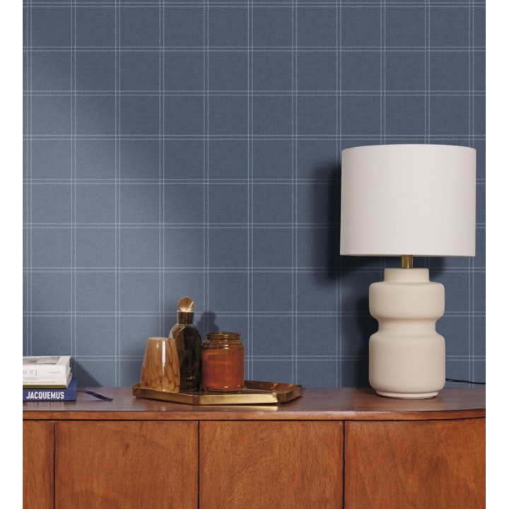Papel pintado cuadros azul mediterráneo textura lino sutil - Wellington Grid 684614