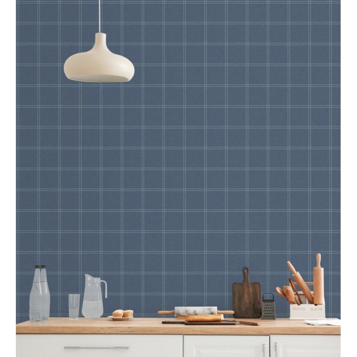 Papel pintado cuadros azul mediterráneo textura lino sutil - Wellington Grid 684614