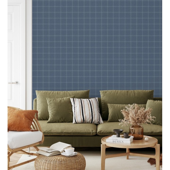 Papel pintado cuadros azul mediterráneo textura lino sutil - Wellington Grid 684614