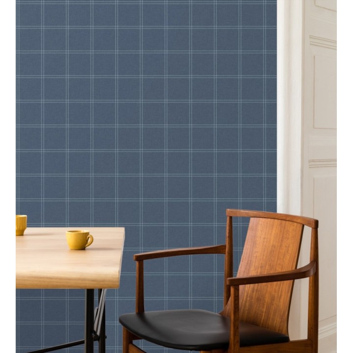 Papel pintado cuadros azul mediterráneo textura lino sutil - Wellington Grid 684614