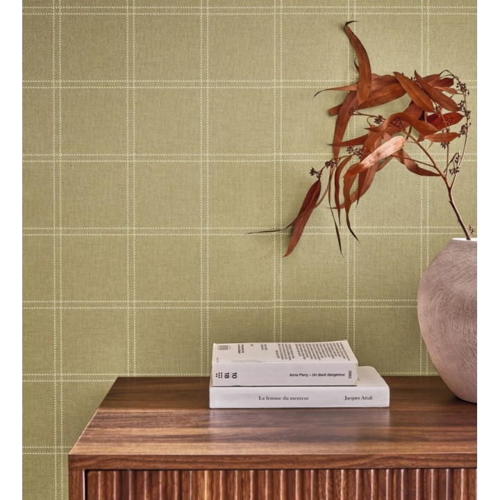 Papel pintado cuadros verde oliva textura lino sutil - Wellington Grid 684615