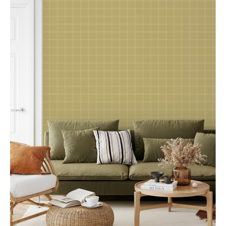 Papel pintado cuadros verde oliva textura lino sutil - Wellington Grid 684615