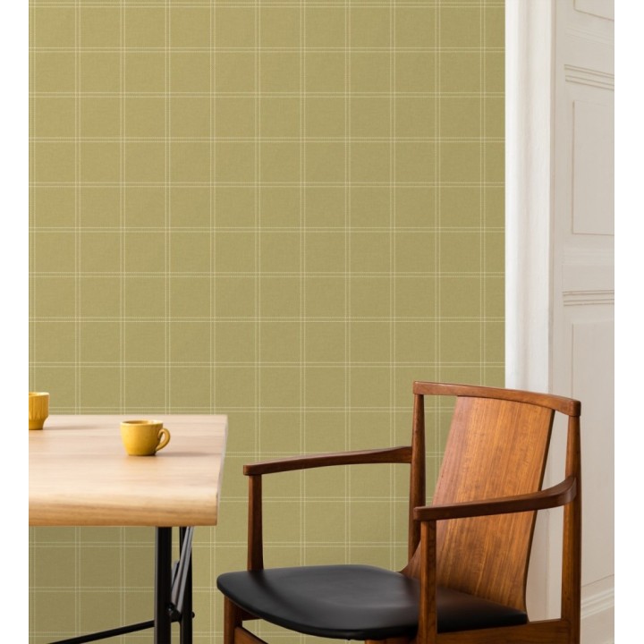 Papel pintado cuadros verde oliva textura lino sutil - Wellington Grid 684615