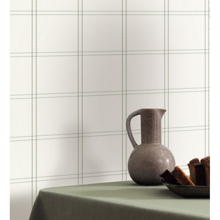 Papel pintado cuadros verdes textura lino sutil fondo blanco - Wellington Grid 684616