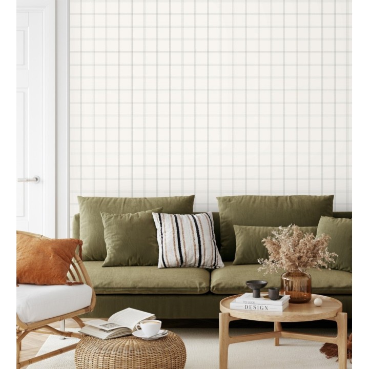 Papel pintado cuadros verdes textura lino sutil fondo blanco - Wellington Grid 684616