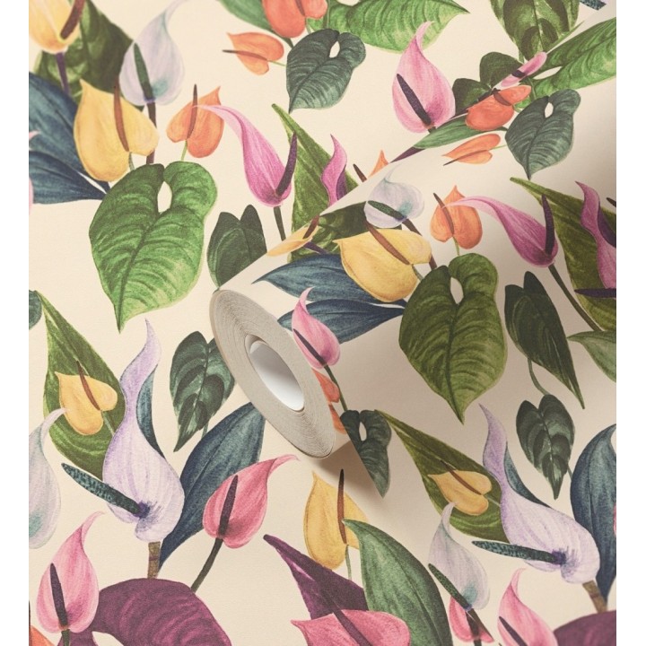 Papel pintado flores de anturio exóticas fondo crema - Panama Vibe 684619