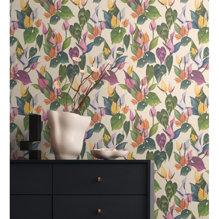 Papel pintado flores de anturio exóticas fondo crema - Panama Vibe 684619