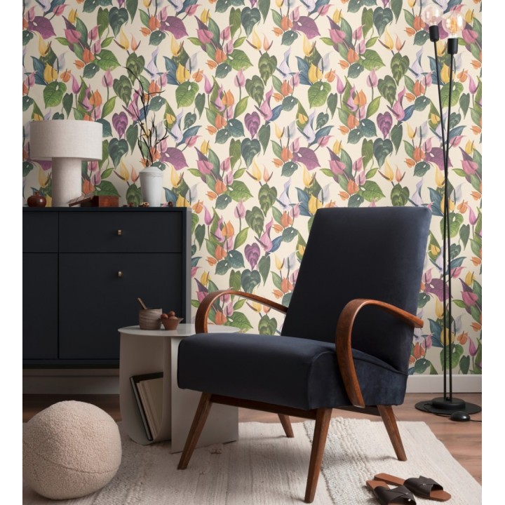 Papel pintado flores de anturio exóticas fondo crema - Panama Vibe 684619