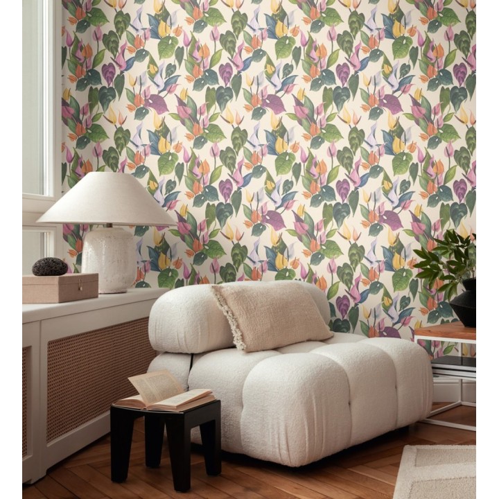 Papel pintado flores de anturio exóticas fondo crema - Panama Vibe 684619
