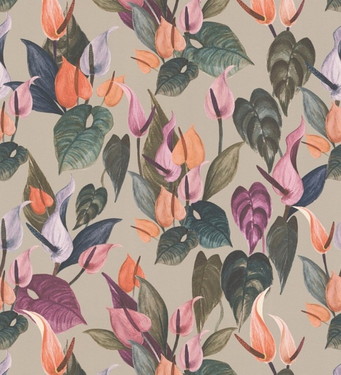 Papel pintado flores de anturio exóticas fondo greige - Panama Vibe 684620