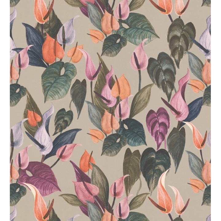 Papel pintado flores de anturio exóticas fondo greige - Panama Vibe 684620