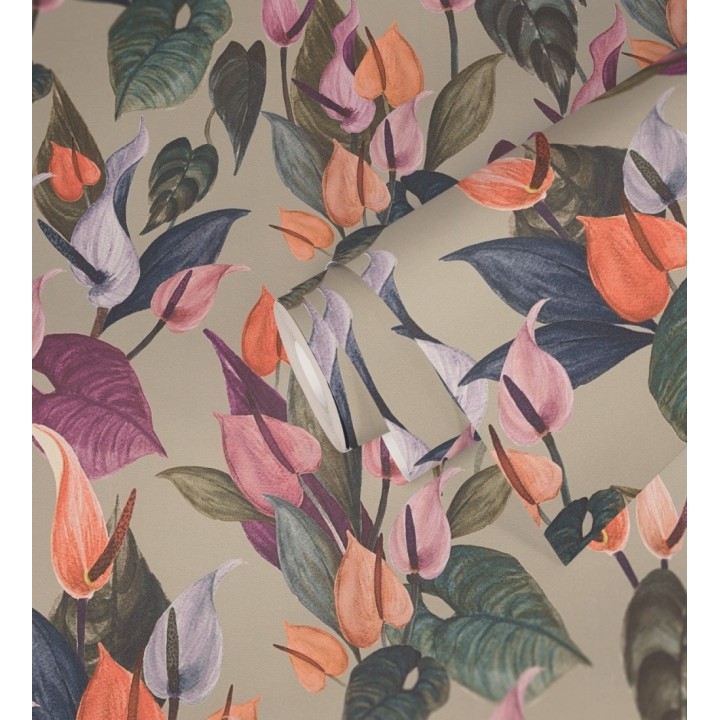 Papel pintado flores de anturio exóticas fondo greige - Panama Vibe 684620