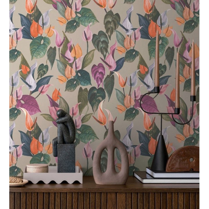 Papel pintado flores de anturio exóticas fondo greige - Panama Vibe 684620