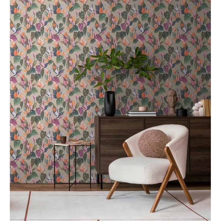Papel pintado flores de anturio exóticas fondo greige - Panama Vibe 684620