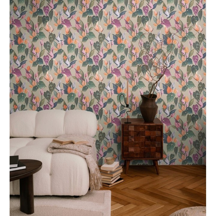 Papel pintado flores de anturio exóticas fondo greige - Panama Vibe 684620